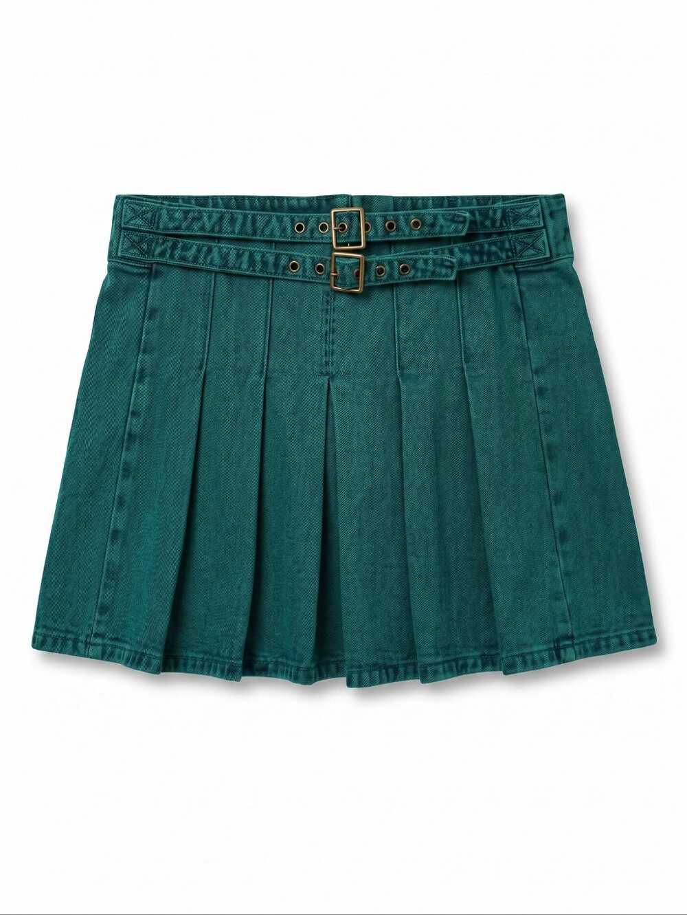 NWT! Cider Teal Pleated Denim Mini Skirt with Double Buckle Waist - Picture 2 of 4
